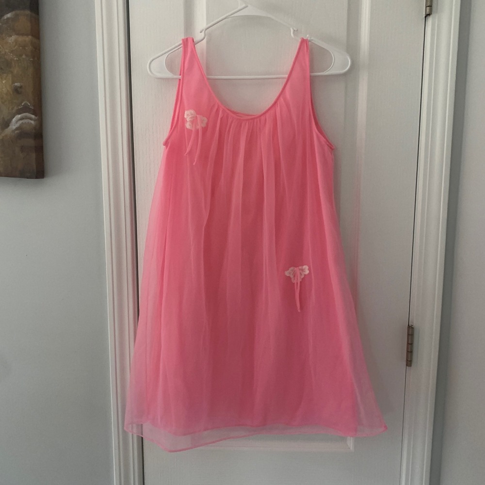 Vintage Kayser Pink Babydoll Nightgown Sheer Nylon Lace Accent Made in USA Small